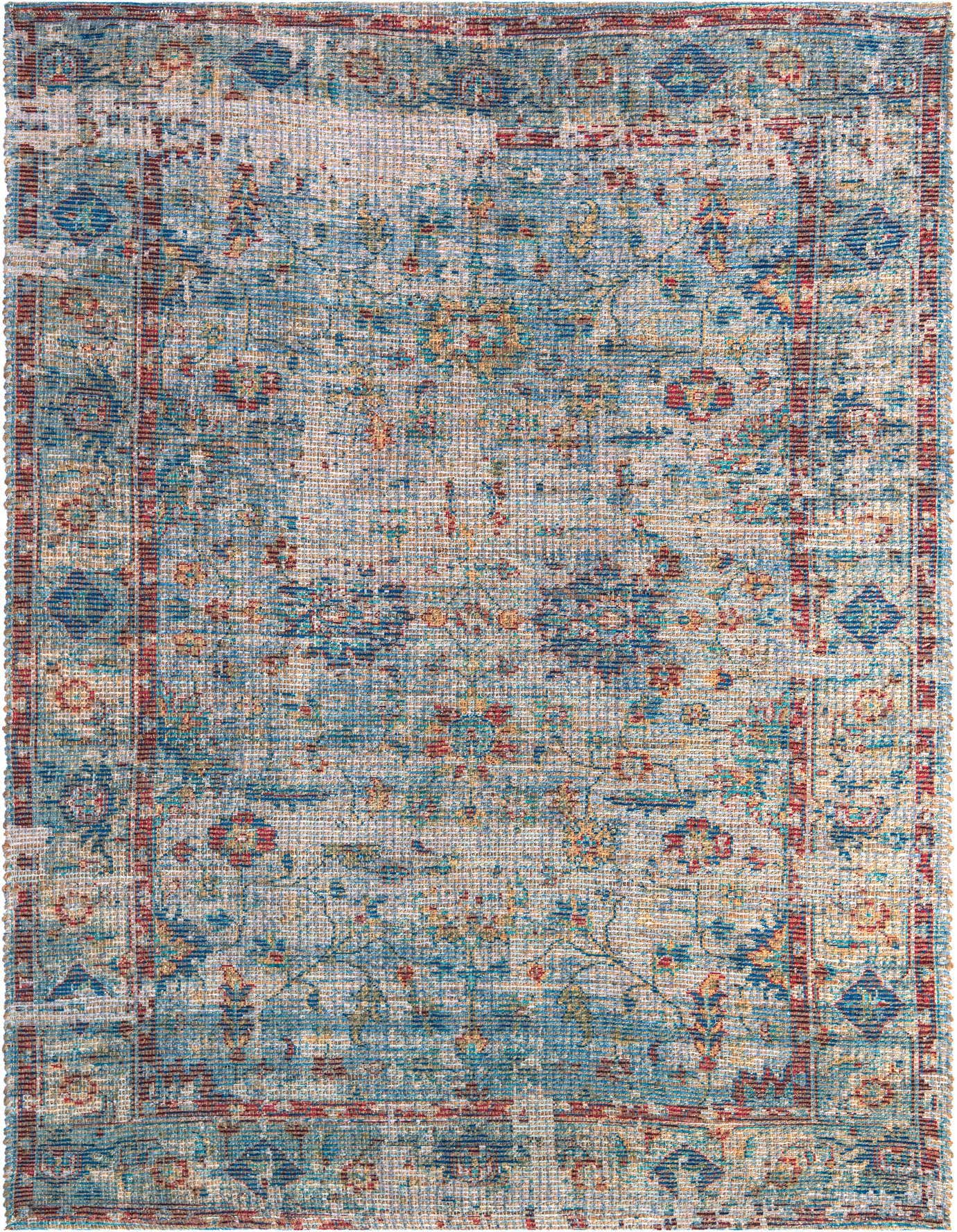 A 6x9 rectangular teal blue area rug with a distressed coastal pattern and subtle red and gold accents.