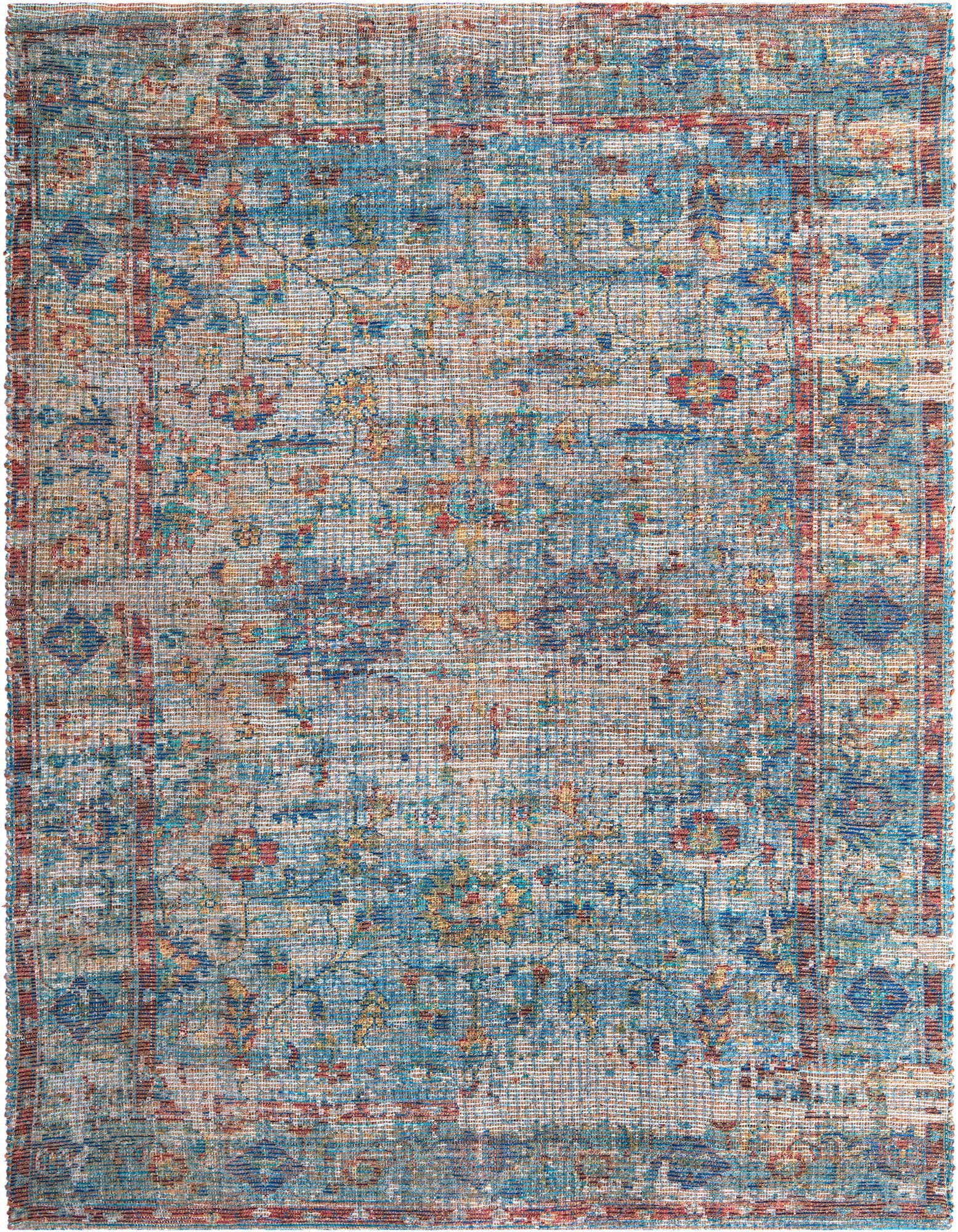 A rectangular 8x10 Teal Blue Chenille Jute rug with a distressed coastal pattern and subtle border.