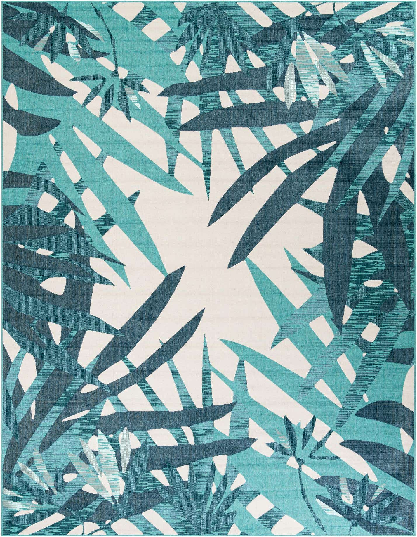 A 10x14 rectangular teal blue indoor/outdoor rug with a modern floral pattern featuring large tropical leaves on a light background.