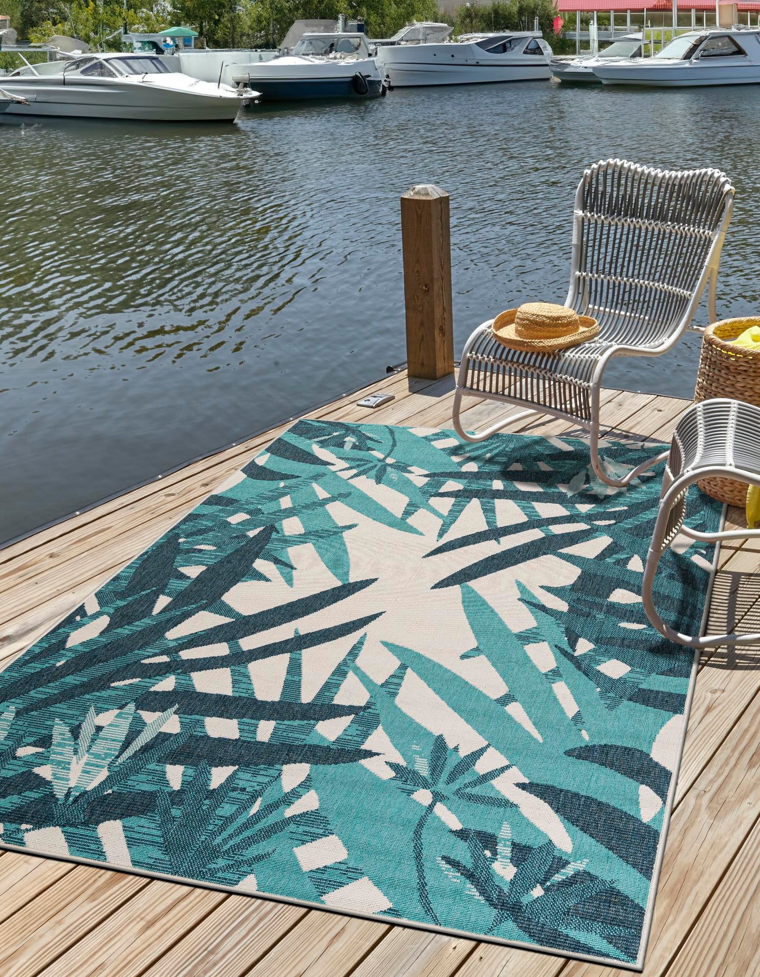 Teal blue 5' x 8' Botanical Indoor / Outdoor Rug | Rugs.com