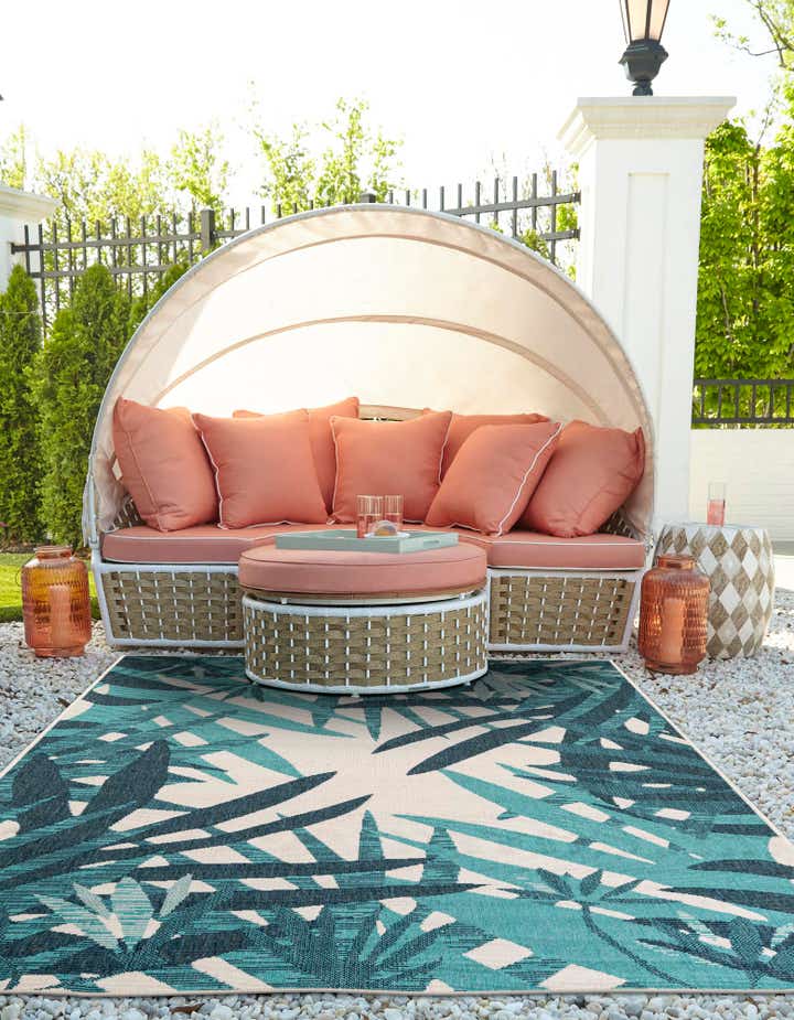 Teal blue 5' x 8' Botanical Indoor / Outdoor Rug | Rugs.com