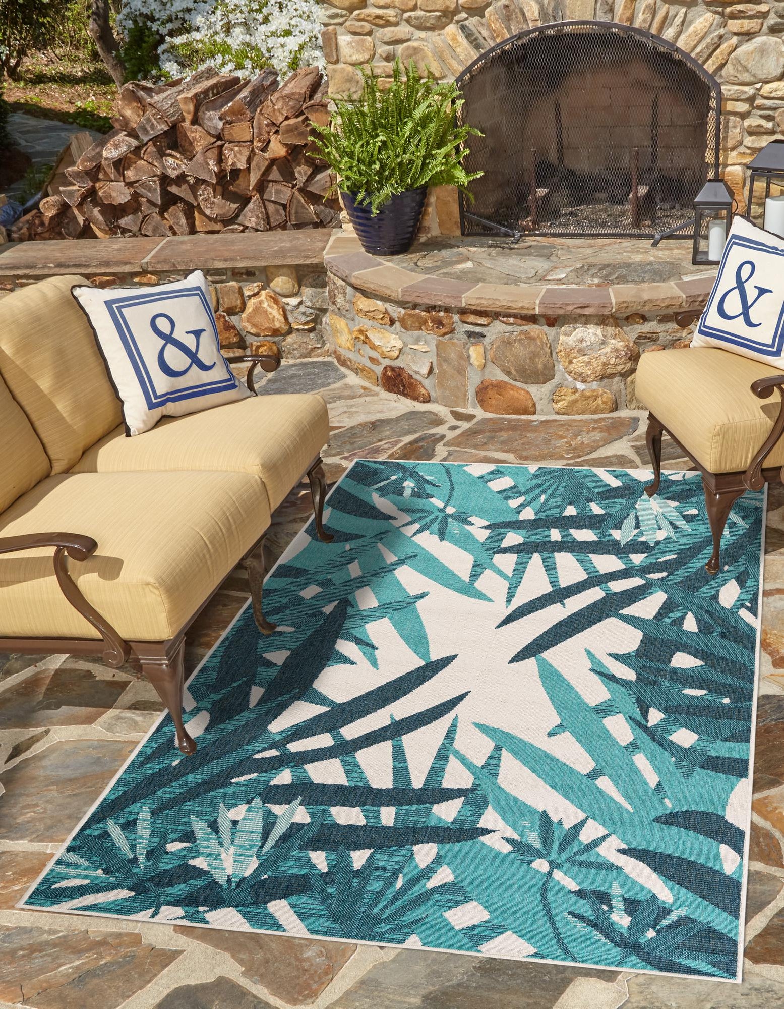 Teal blue 5' x 8' Botanical Indoor / Outdoor Rug | Rugs.com