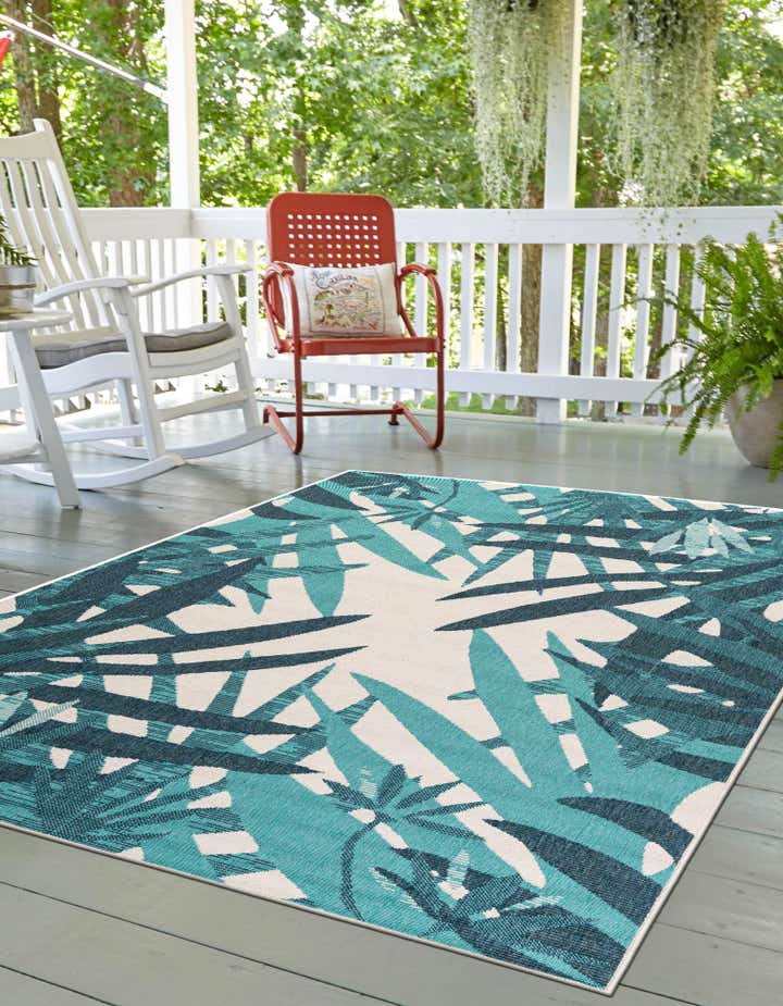 Teal blue 5' x 8' Botanical Indoor / Outdoor Rug | Rugs.com