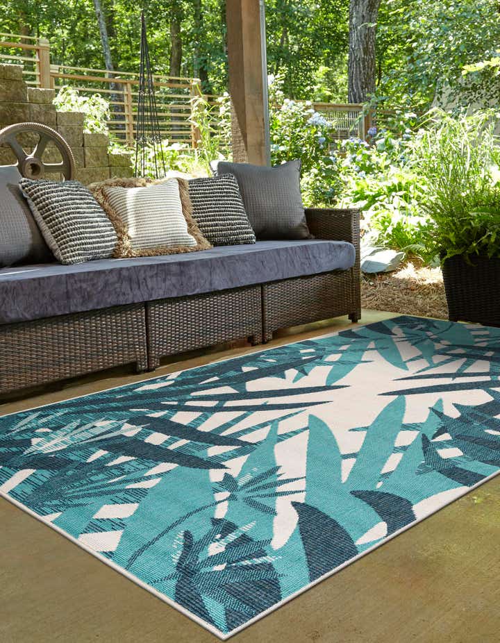 Teal blue 5' x 8' Botanical Indoor / Outdoor Rug | Rugs.com