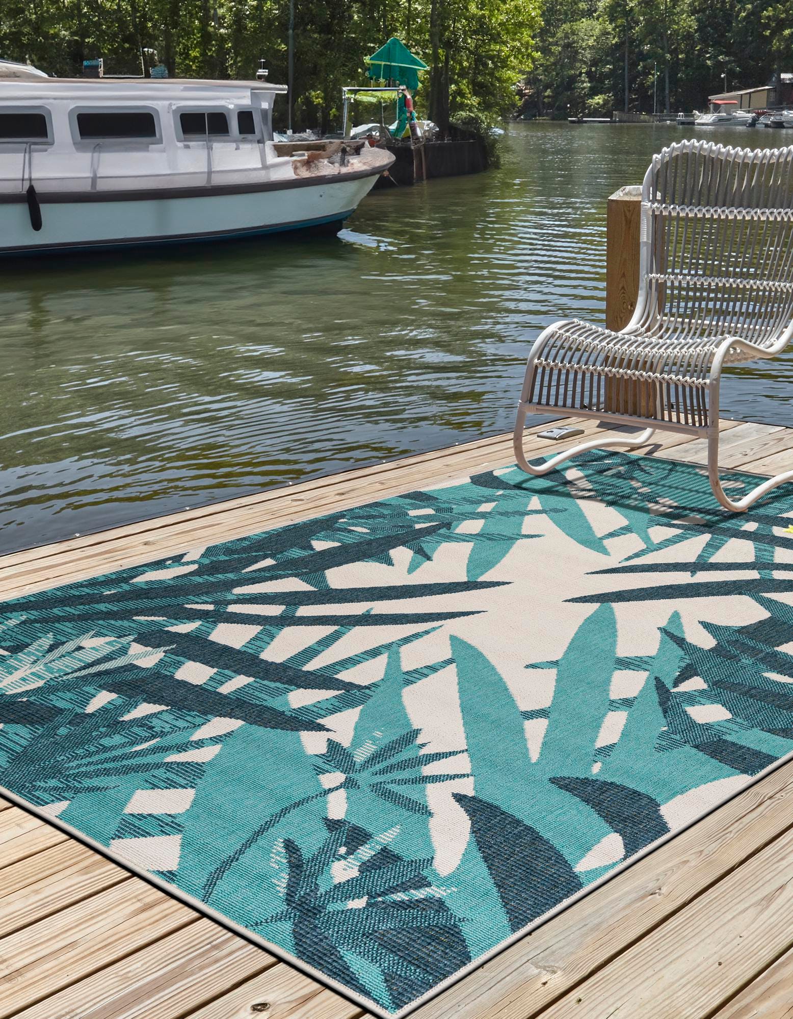Teal blue 5' x 8' Botanical Indoor / Outdoor Rug | Rugs.com