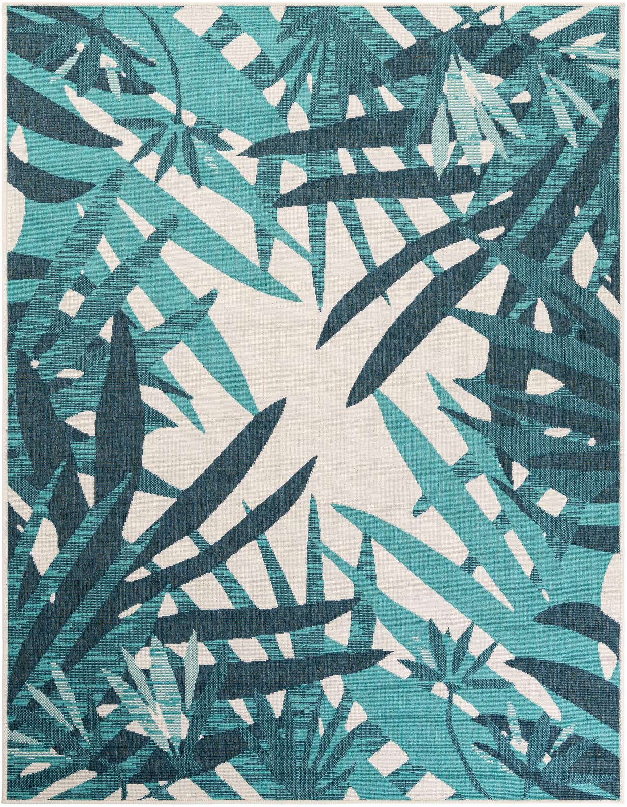 A 5x8 rectangular indoor/outdoor rug featuring a modern teal blue botanical leaf pattern on a light background.