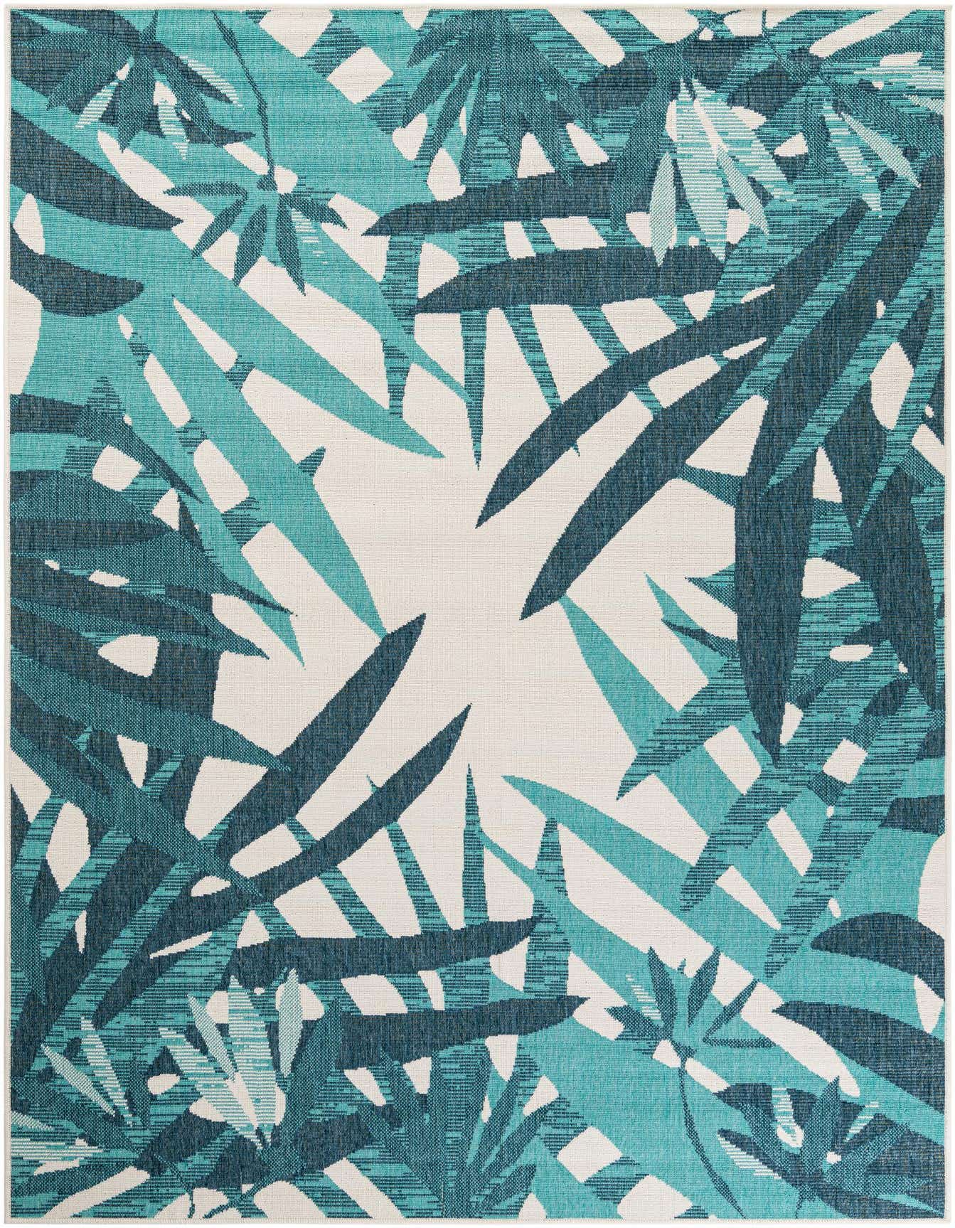 A 6x9 rectangular teal blue indoor/outdoor rug with a modern floral pattern of large overlapping leaves on a light background.