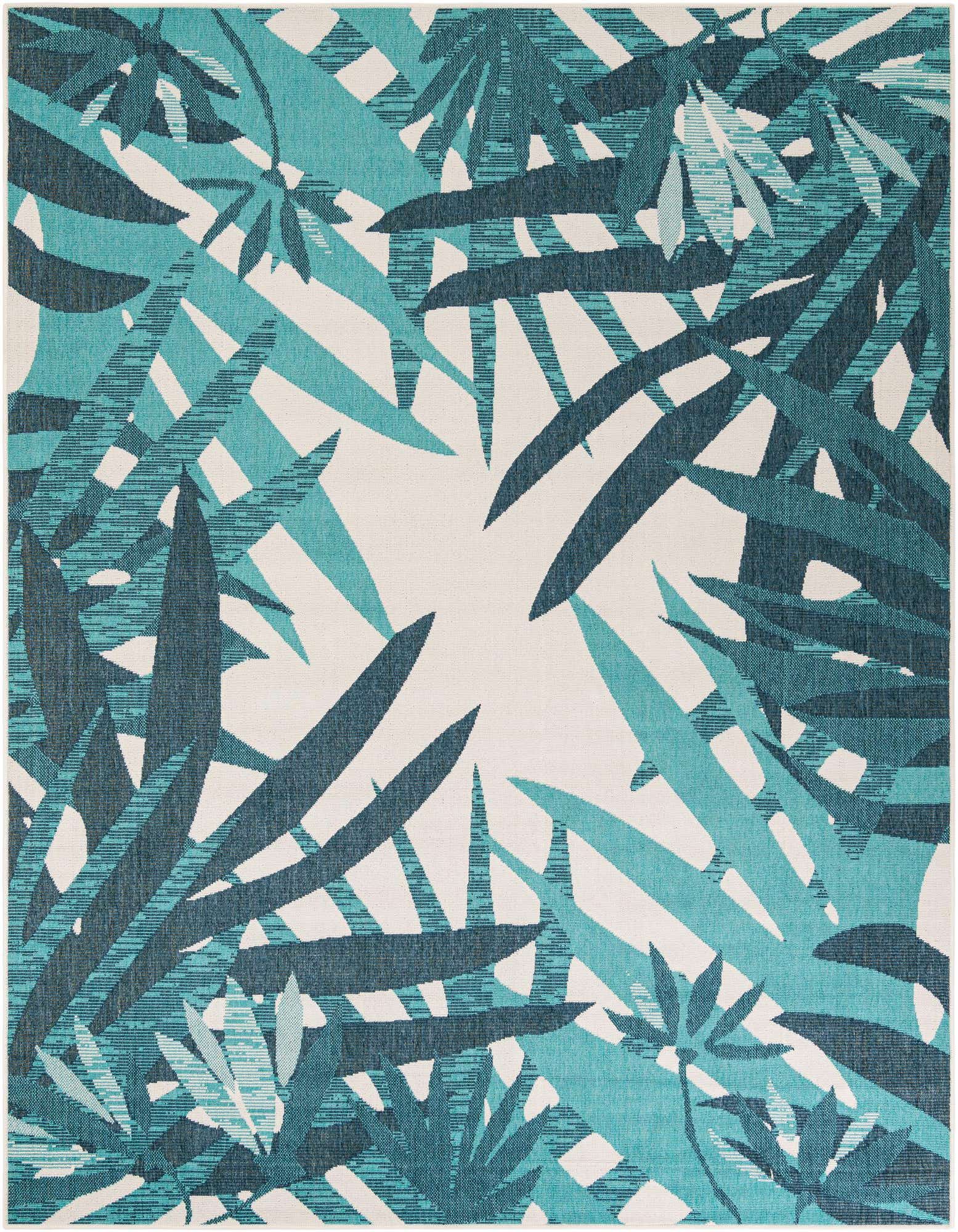 8x10 rectangular Rugs.com Outdoor Botanical rug with a modern teal blue and white floral leaf pattern.