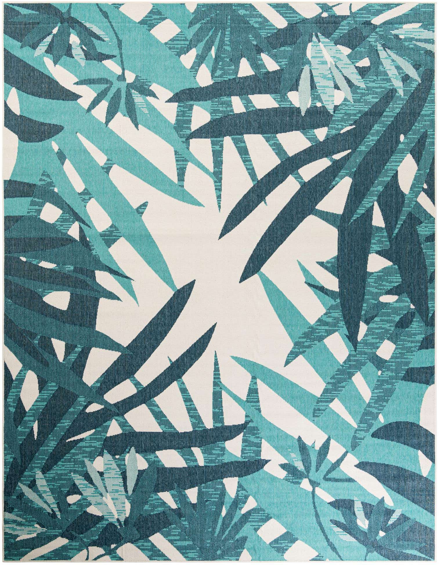 A 9x12 rectangular teal blue rug with a modern floral pattern of large overlapping leaves on a light background, suitable for indoor or outdoor spaces.