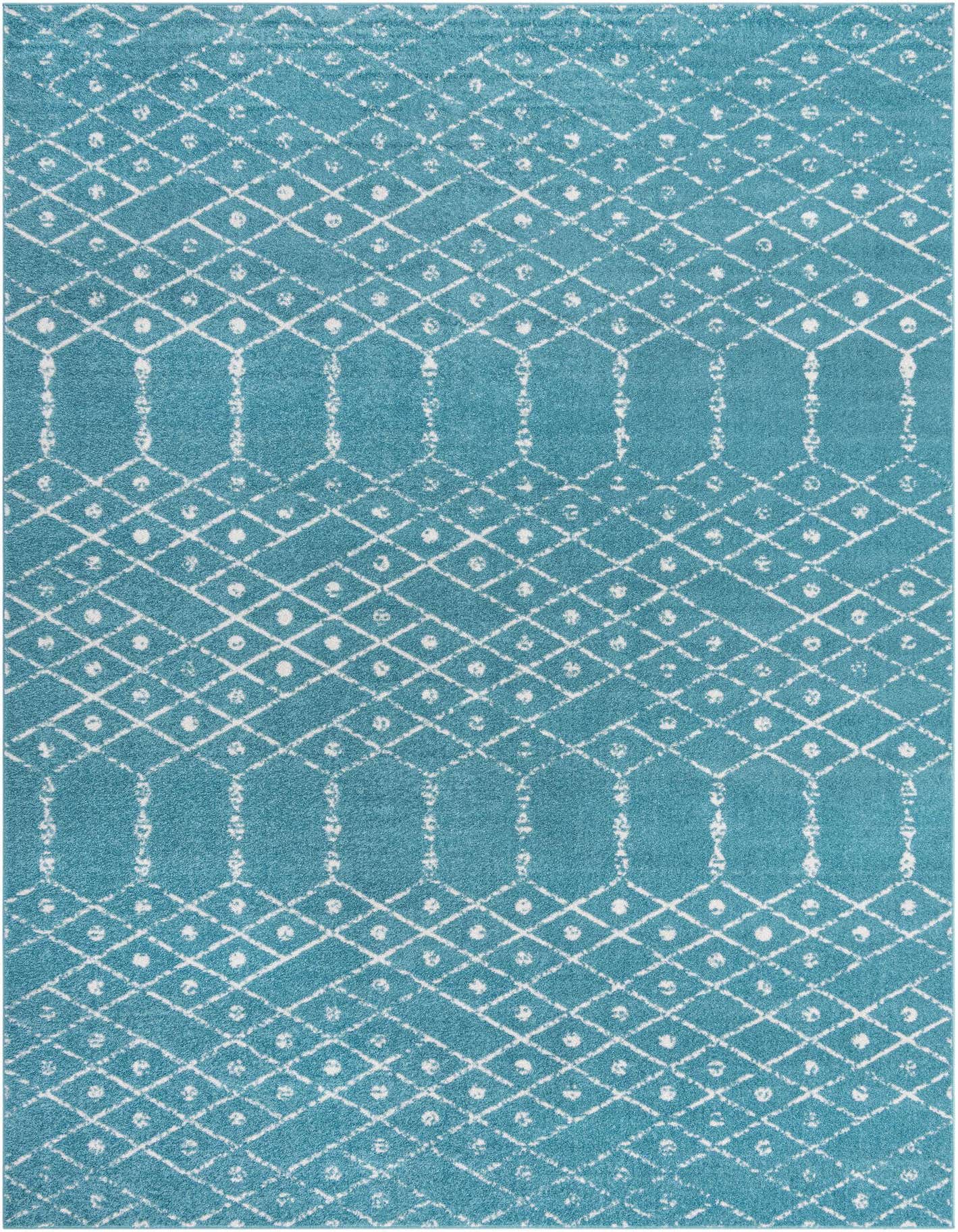 A 10x14 rectangular teal blue rug with a white modern tribal trellis pattern, ideal for an indoor living space.