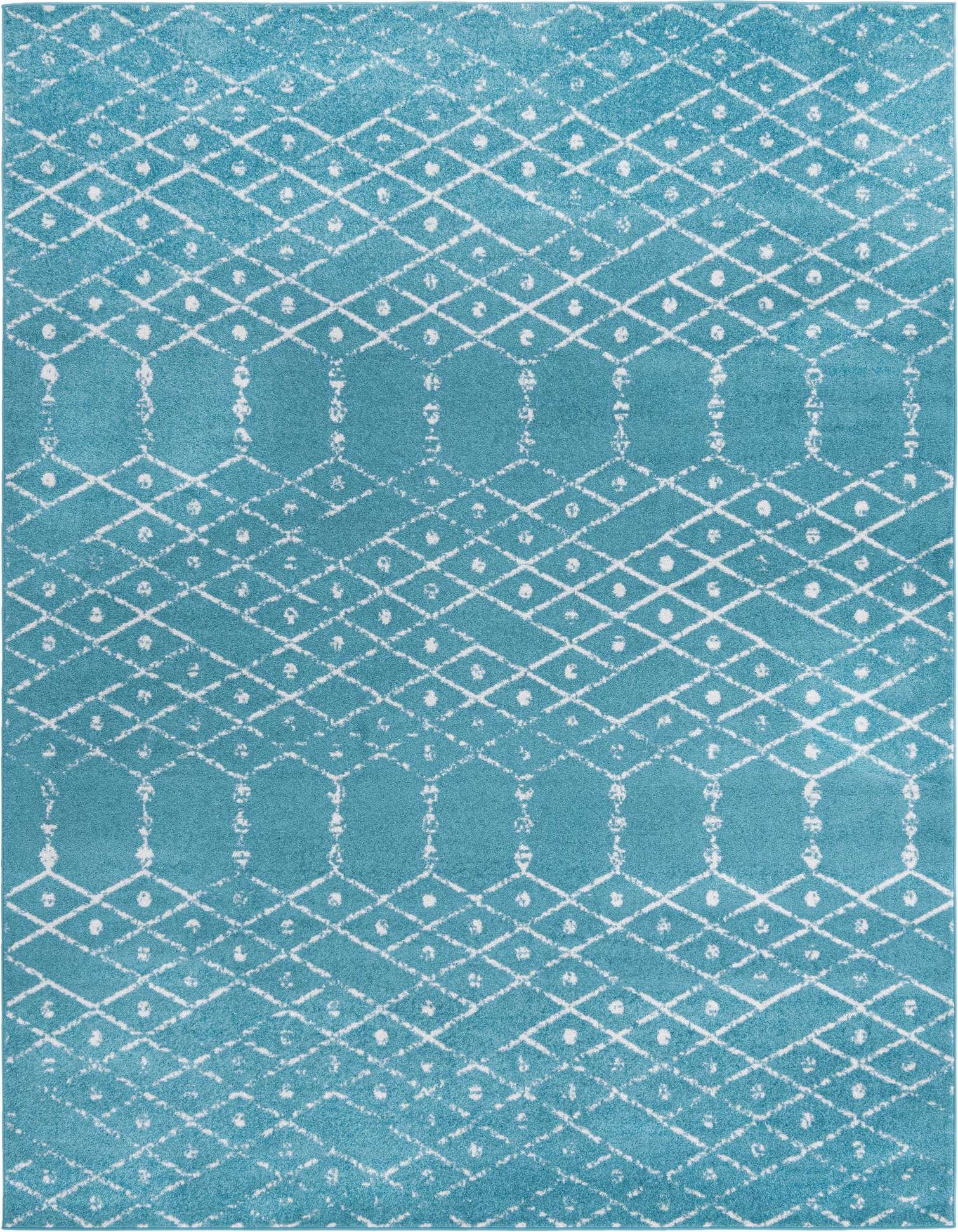 A 9x12 rectangular teal blue area rug with a modern tribal trellis pattern in white, suitable for a living room.