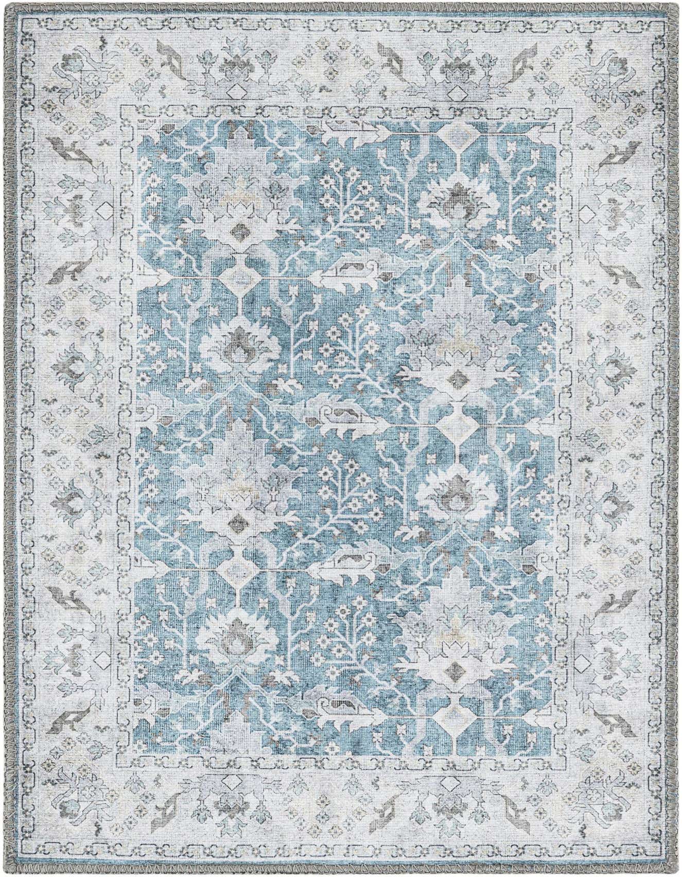 A 2x3 rectangular teal blue traditional rug with a vintage medallion pattern and light border.