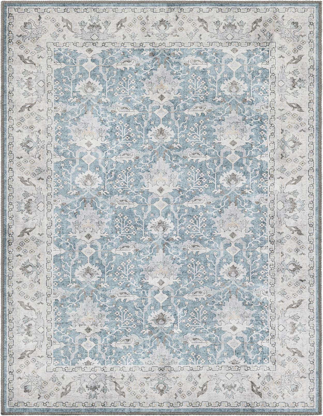 A 3x5 rectangular teal blue traditional area rug with a vintage medallion pattern and light border.