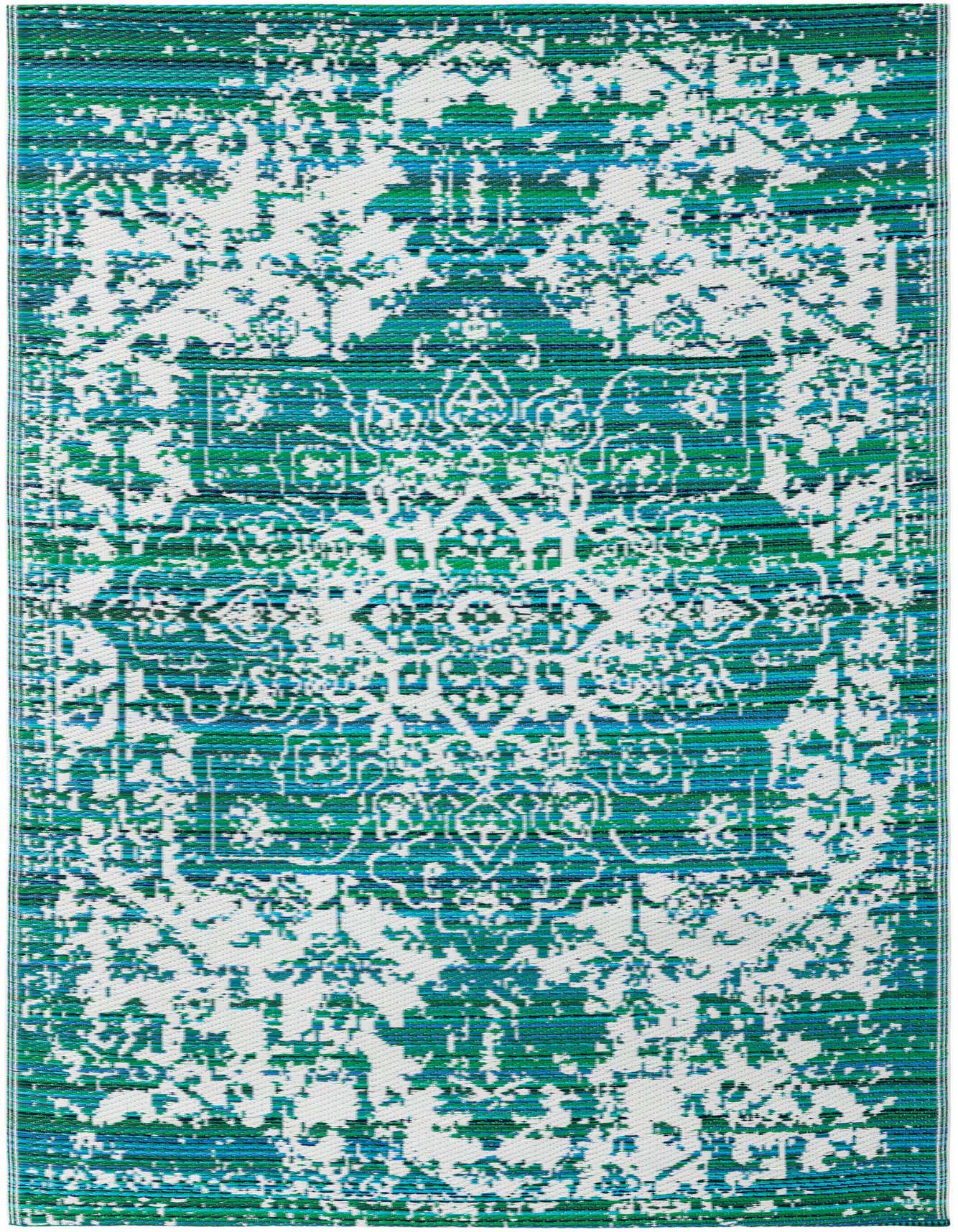 A 4x6 rectangular teal blue and white modern area rug with a distressed medallion pattern, suitable for indoor or outdoor use.