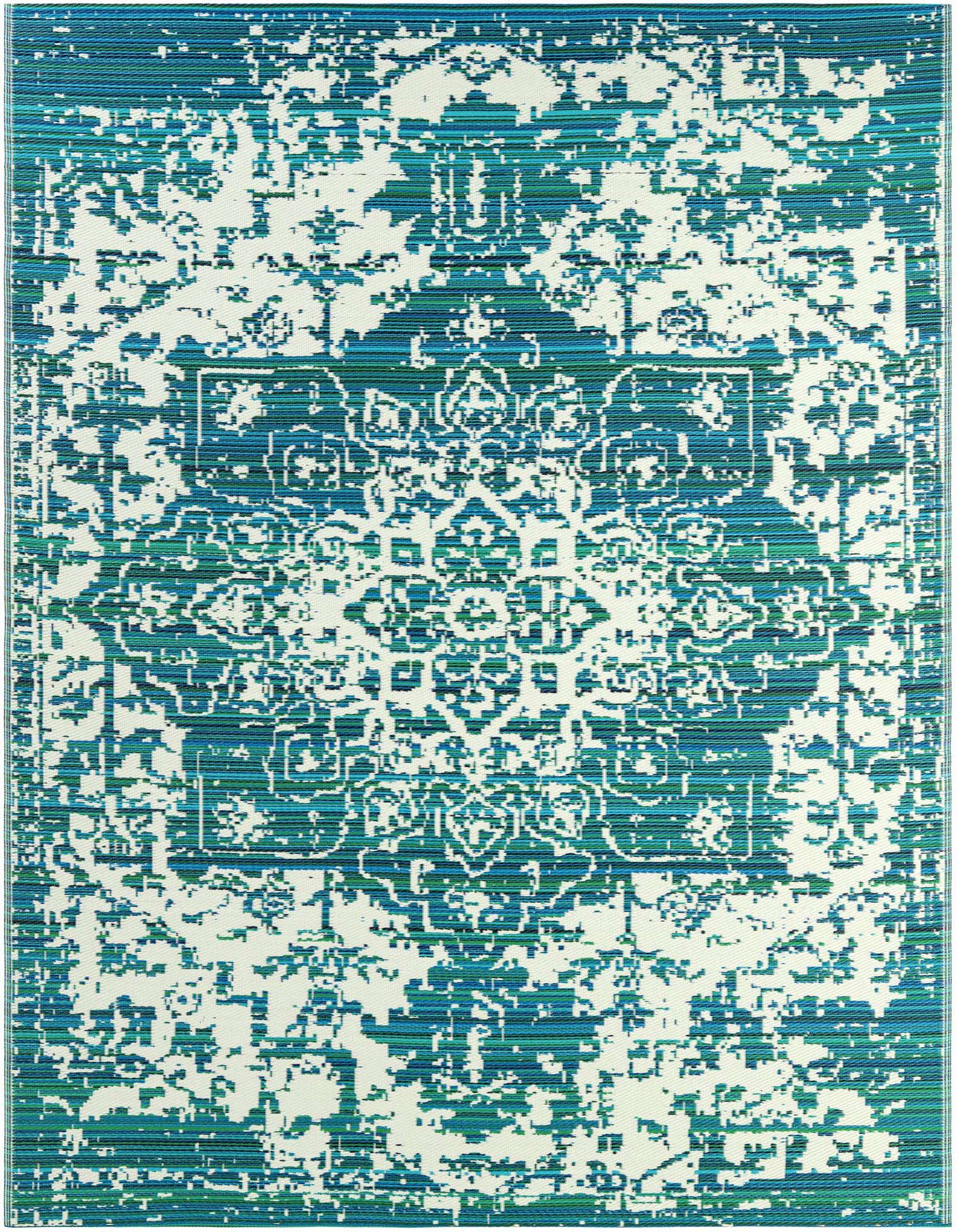 An 8x10 rectangular teal blue and white indoor/outdoor rug with a distressed traditional medallion pattern.