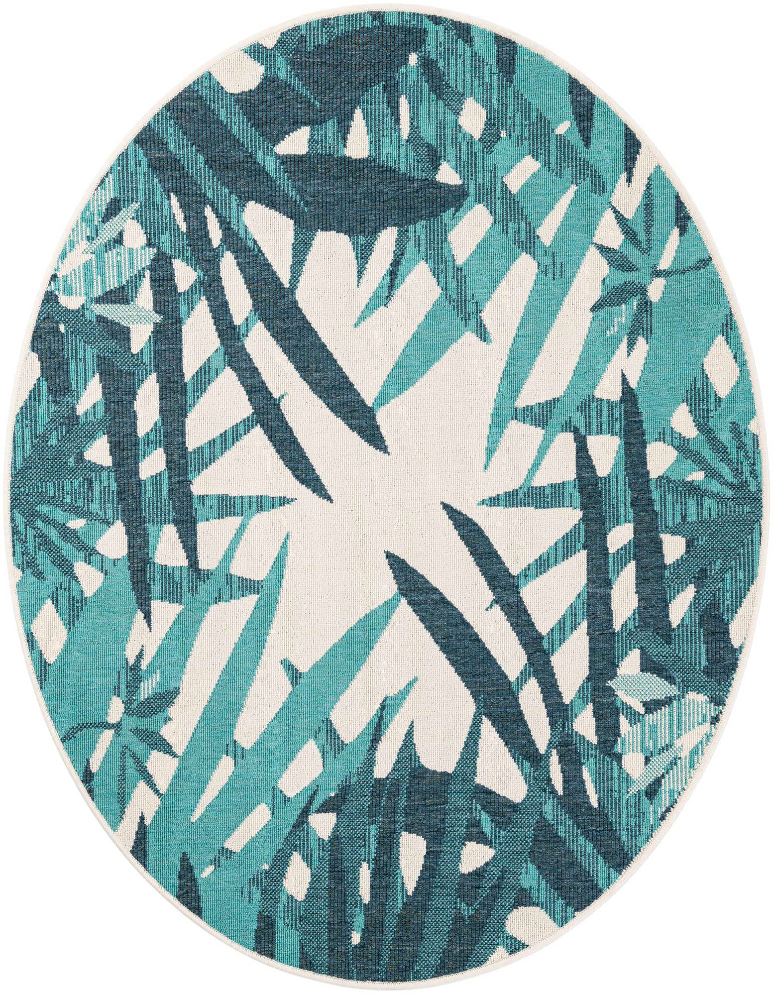 A round 5' teal blue modern rug with a tropical leaf pattern, suitable for indoor or outdoor use.