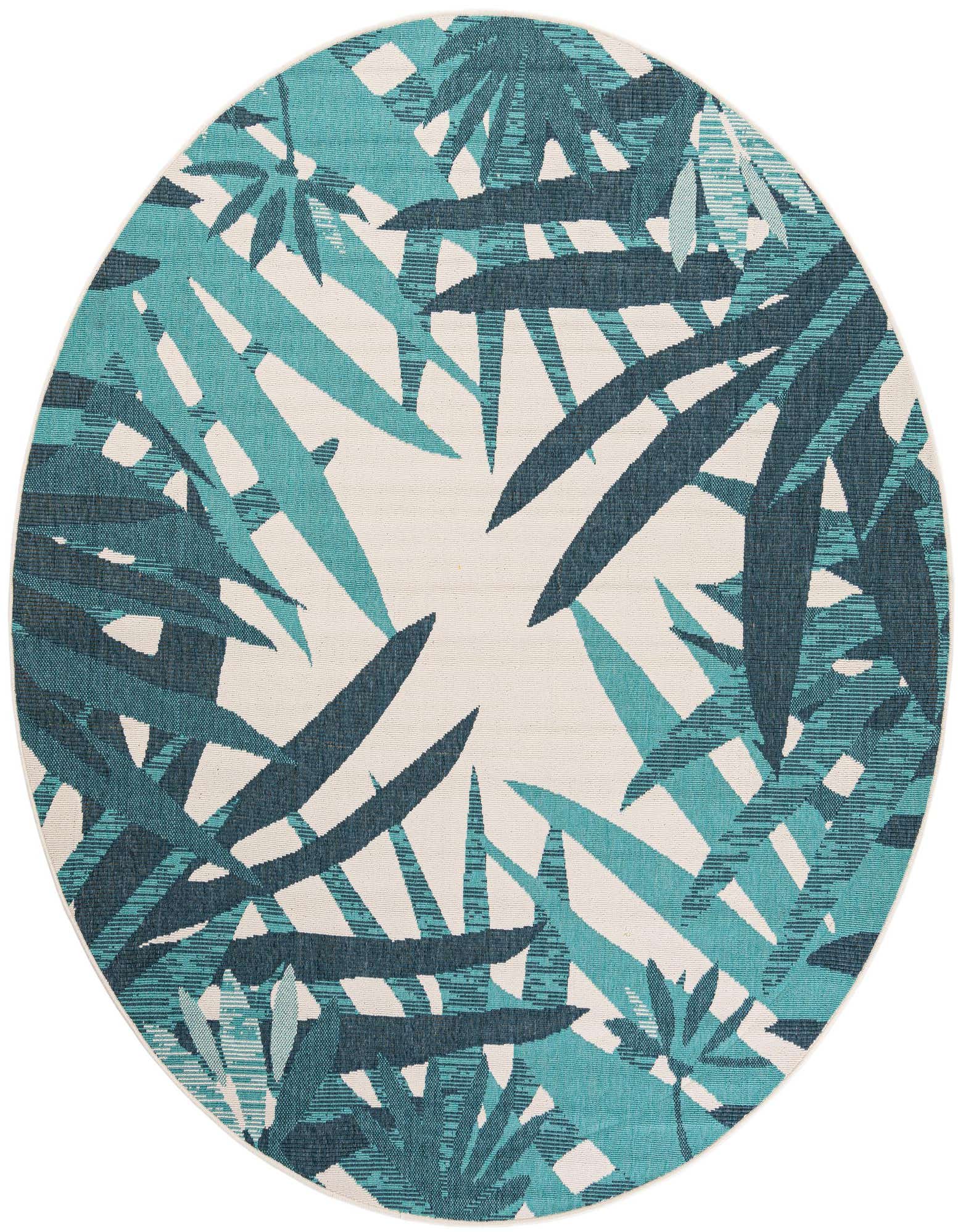 A 7' 10 round teal blue indoor/outdoor rug with a modern abstract leaf pattern on a light background.