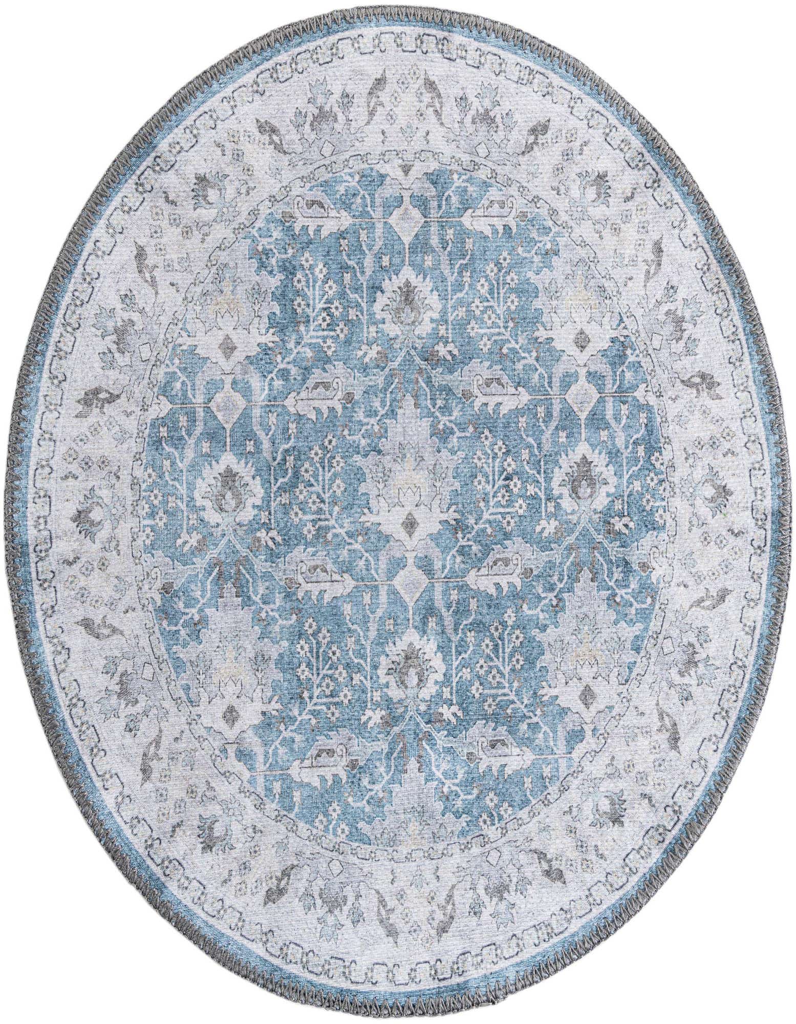 A round 2' 0 x 2' 0 teal blue and grey vintage medallion rug with a flat, textured pile.