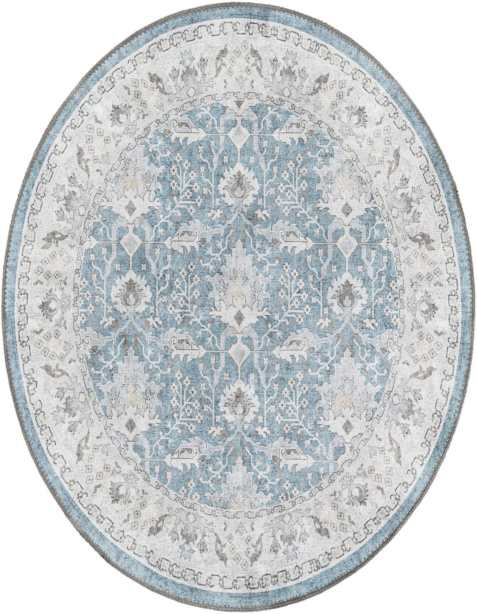 A 3' 6 round teal blue traditional medallion rug with a vintage pattern and light gray accents.