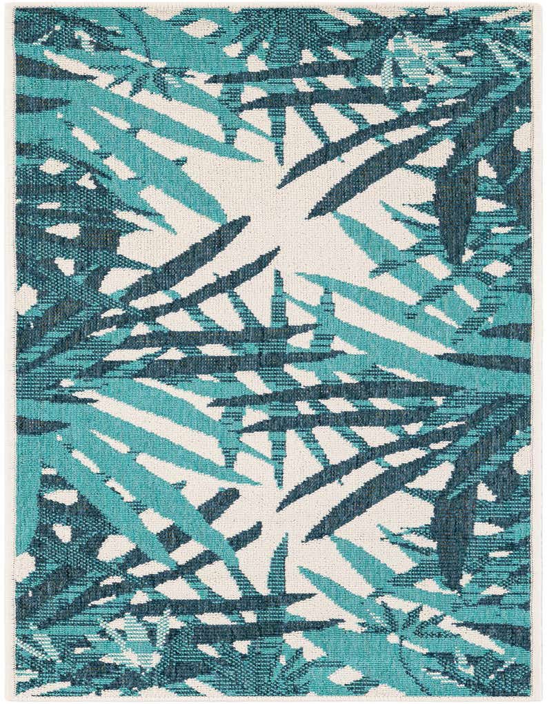 A 5 ft runner rug with a modern floral pattern in shades of teal blue and white, suitable for a hallway or patio.