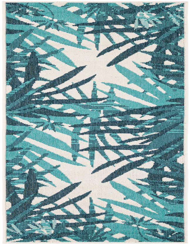 A 6 ft runner rug with a modern teal blue and dark blue botanical leaf pattern on a light background, suitable for indoor or outdoor use.