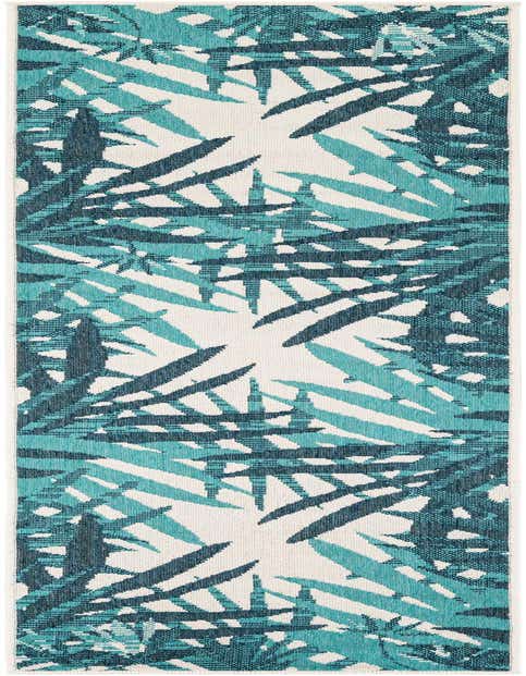 A teal blue 8 ft runner rug with a modern floral pattern, suitable for indoor or outdoor use.