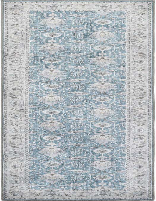 A 10 ft runner rug in teal blue with a distressed traditional medallion pattern and a light border, ideal for a hallway.