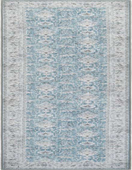 A 12 ft runner rug in teal blue with a distressed traditional medallion pattern and a light border, ideal for hallways.