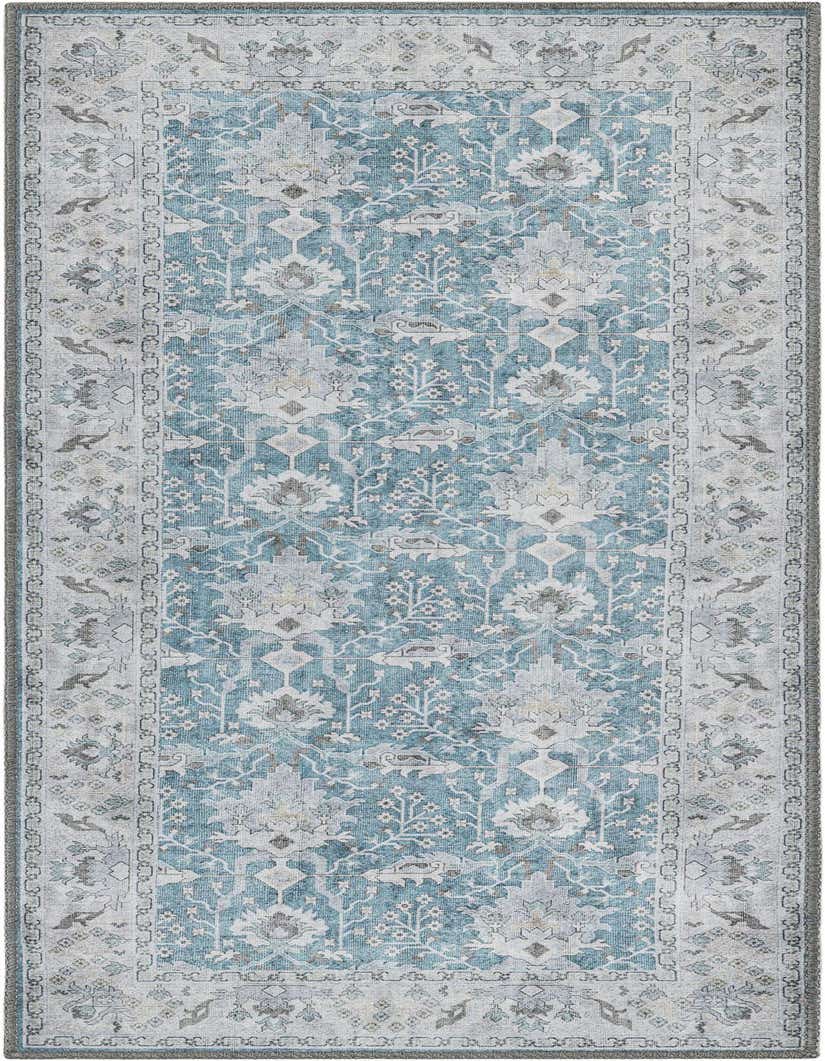 A 5 ft runner rug in teal blue with a distressed traditional medallion pattern and light gray border, ideal for hallways.