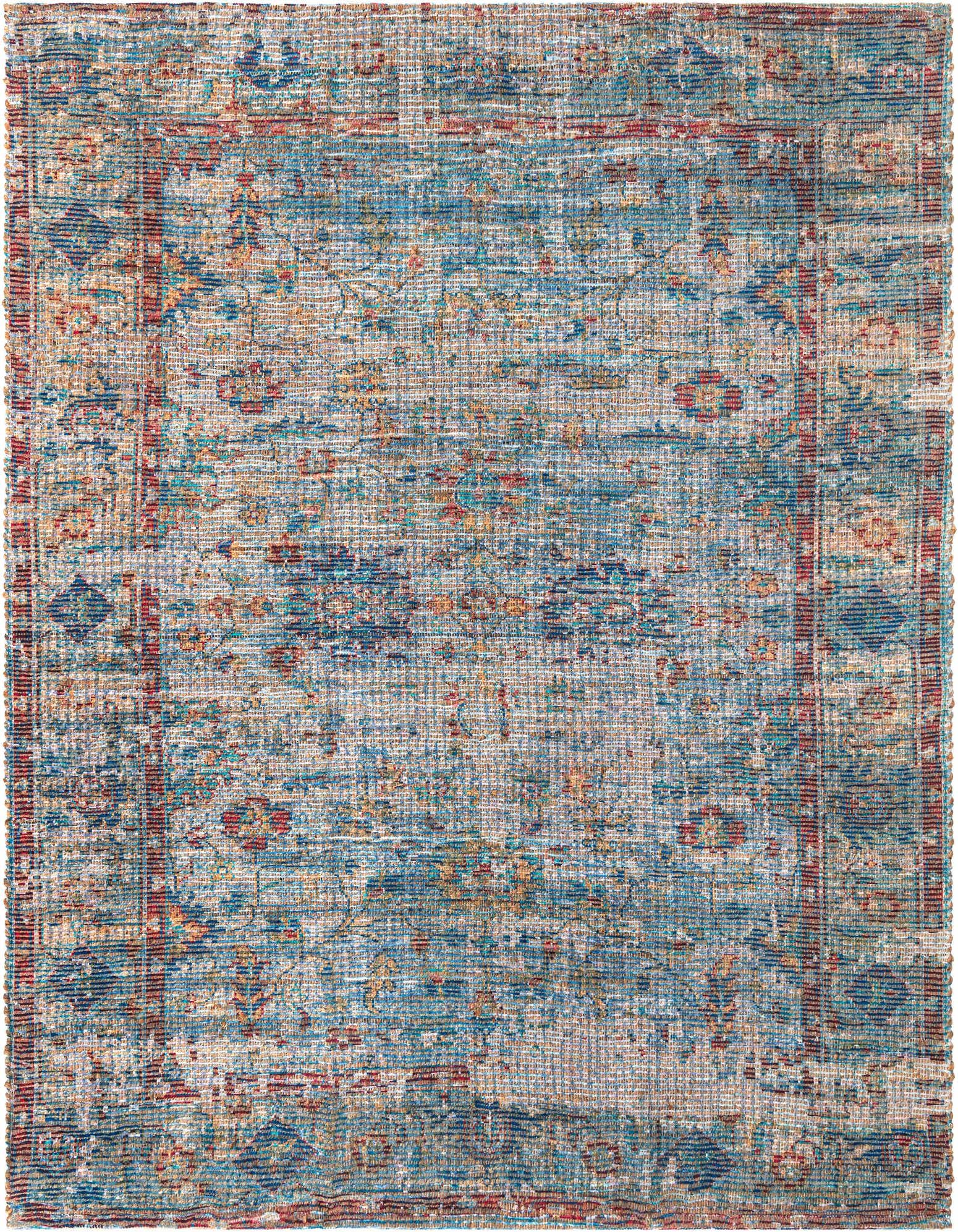 A square 7' 10 x 7' 10 teal blue area rug with a distressed traditional Oriental pattern and a subtle red border.