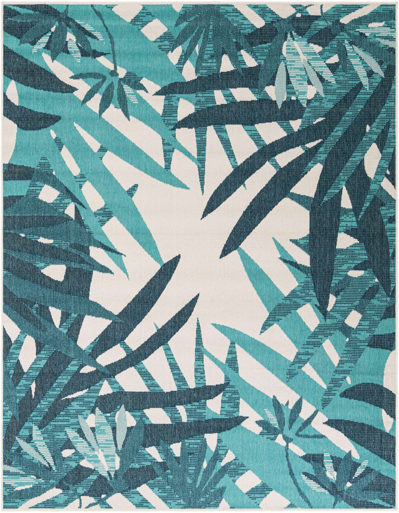 A 7' 10 x 7' 10 square teal blue rug with a modern floral pattern of large overlapping leaves on a light background, suitable for indoor or outdoor use.