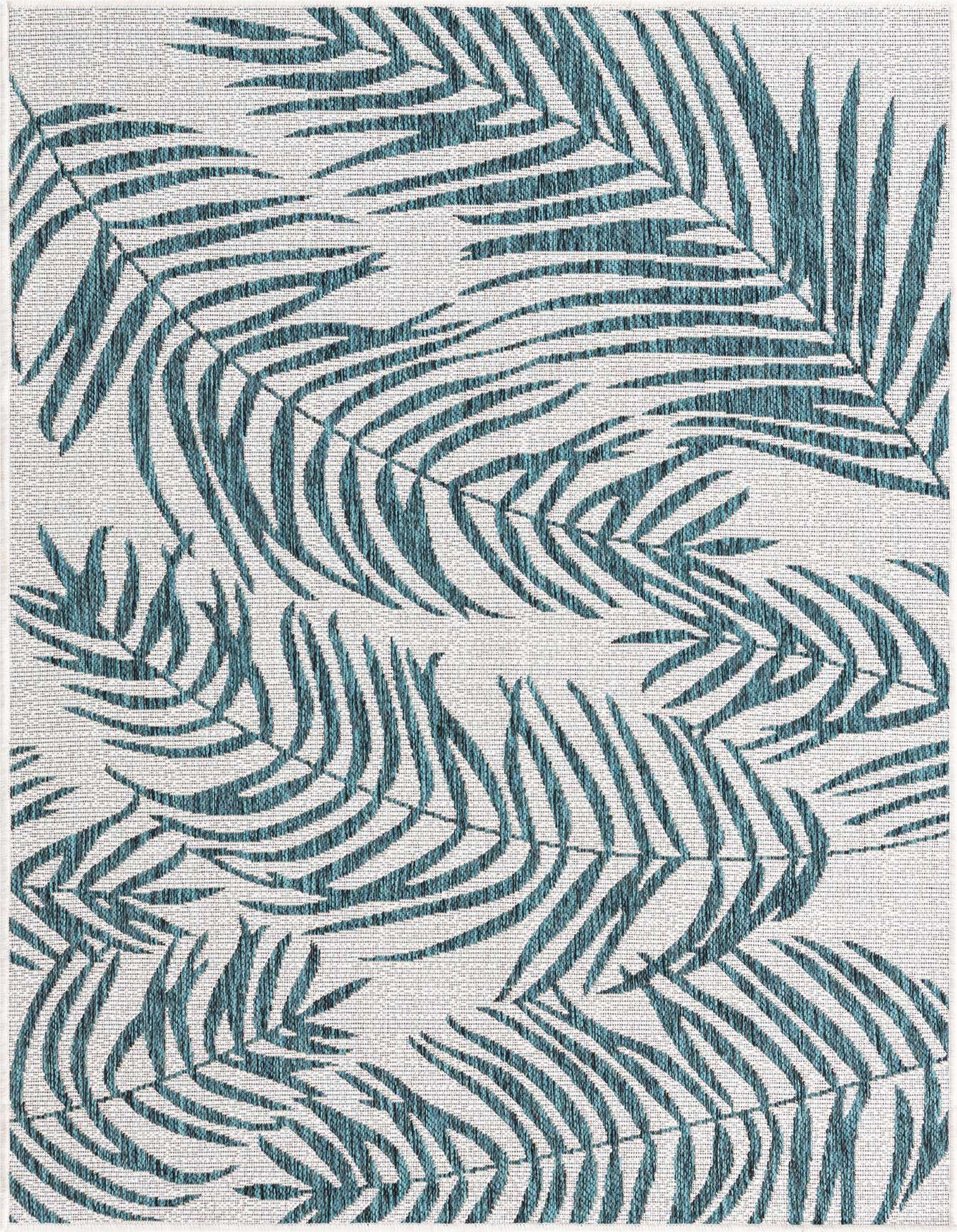 A 4x6 rectangular indoor/outdoor rug featuring an overlapping tropical palm leaf pattern in teal and blue on an ivory background.