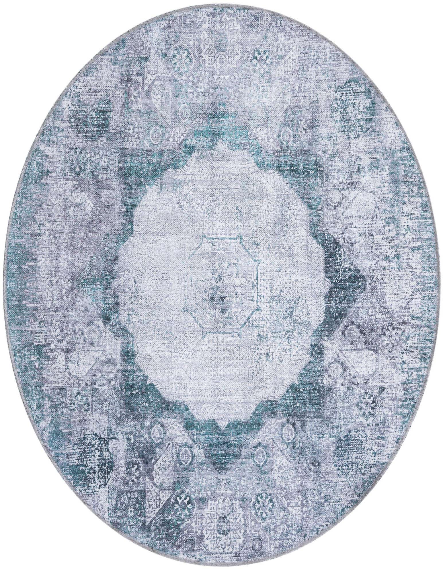 A 4' round blue and ivory vintage medallion rug with a distressed traditional pattern, suitable for indoor use.