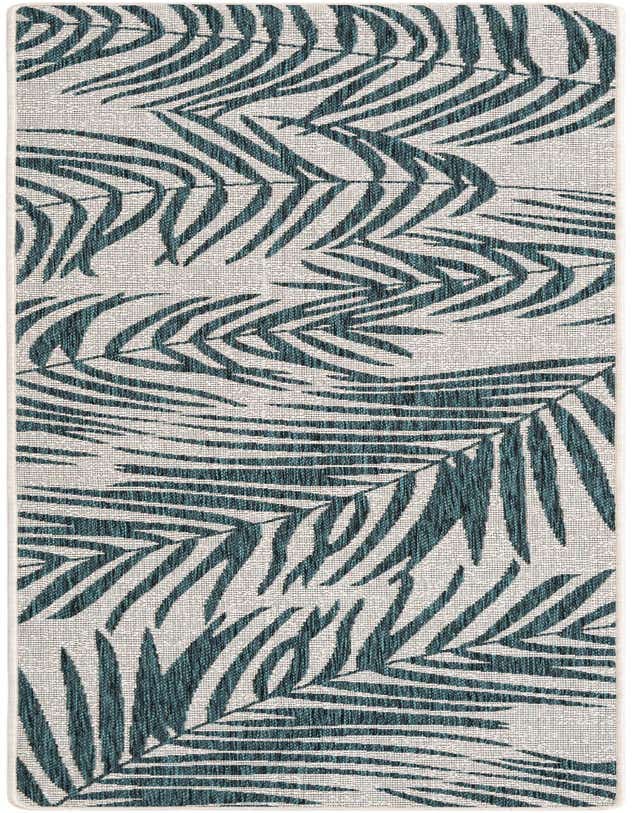 An 8 ft runner rug with a modern botanical pattern of teal palm fronds on an ivory background, suitable for a hallway or patio.