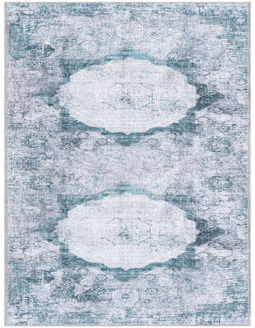 A 5 ft runner rug in a traditional vintage medallion pattern with blues, ivories, greens, and whites, perfect for a hallway.
