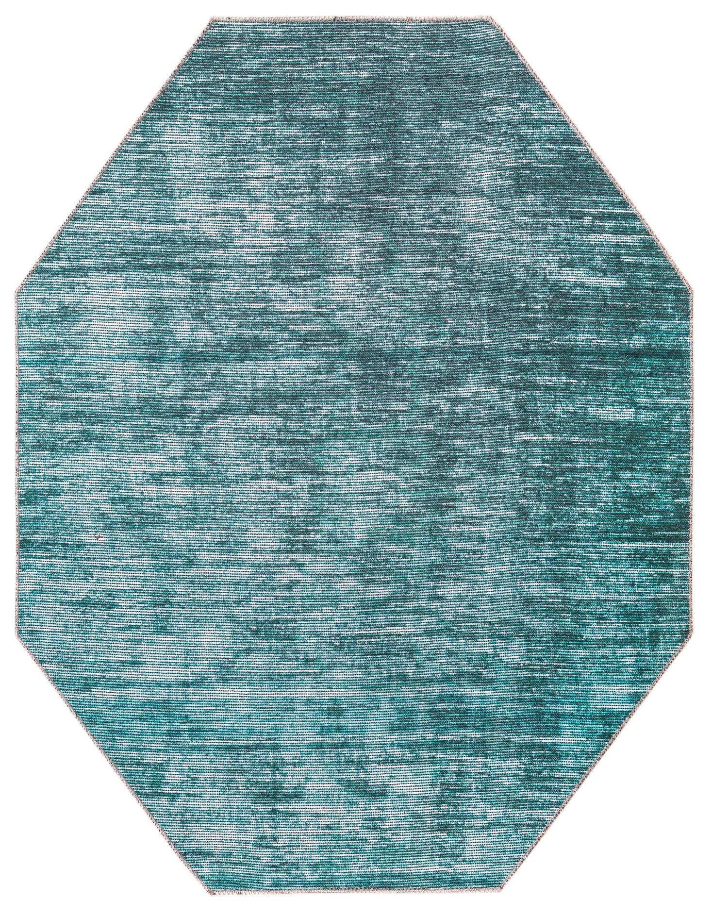 A 5'x5' octagon Asha rug by Rugs.com, featuring a modern stripe pattern in varying shades of blue and green.