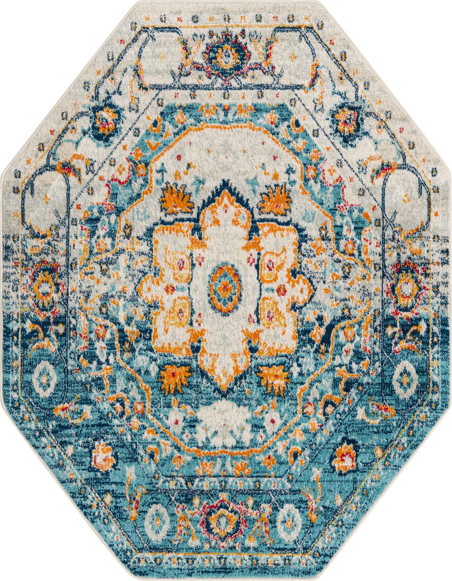 Octagon rug with a distressed traditional medallion pattern in shades of blue, green, orange, and cream.