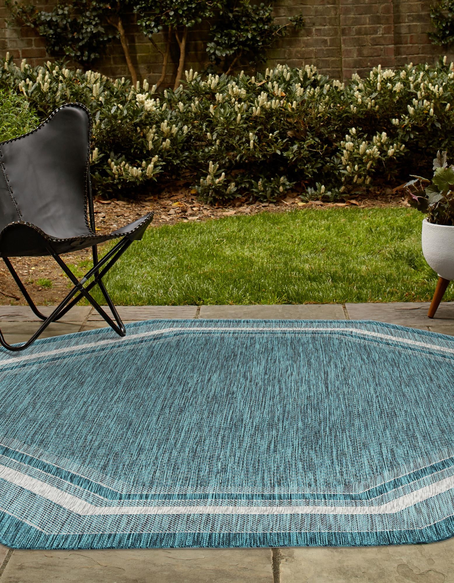 Teal 8' x 8' Border Indoor / Outdoor Octagon Rug | Rugs.com