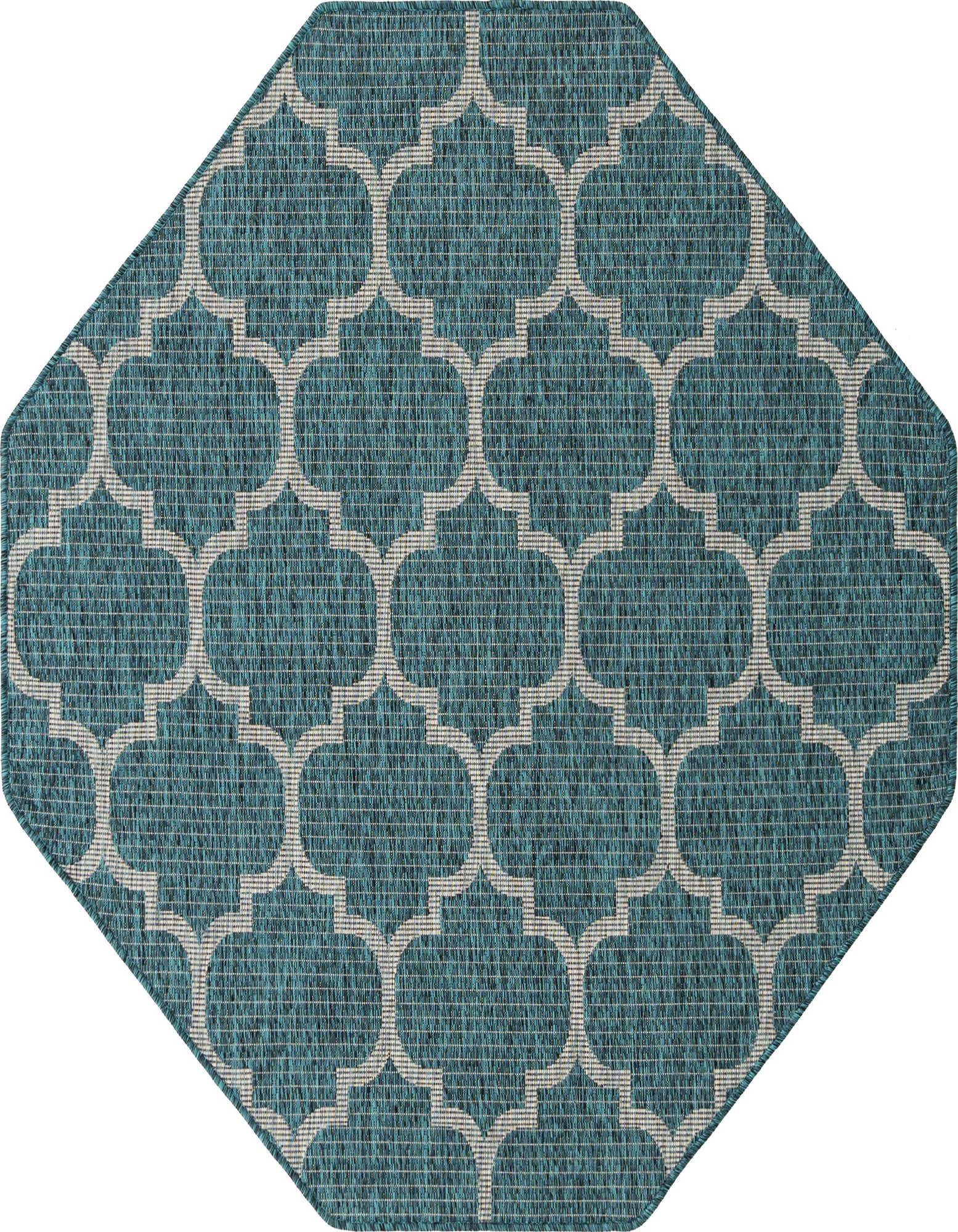 5' 3 x 5' 3 octagon outdoor rug in blue and green with a white modern trellis pattern.