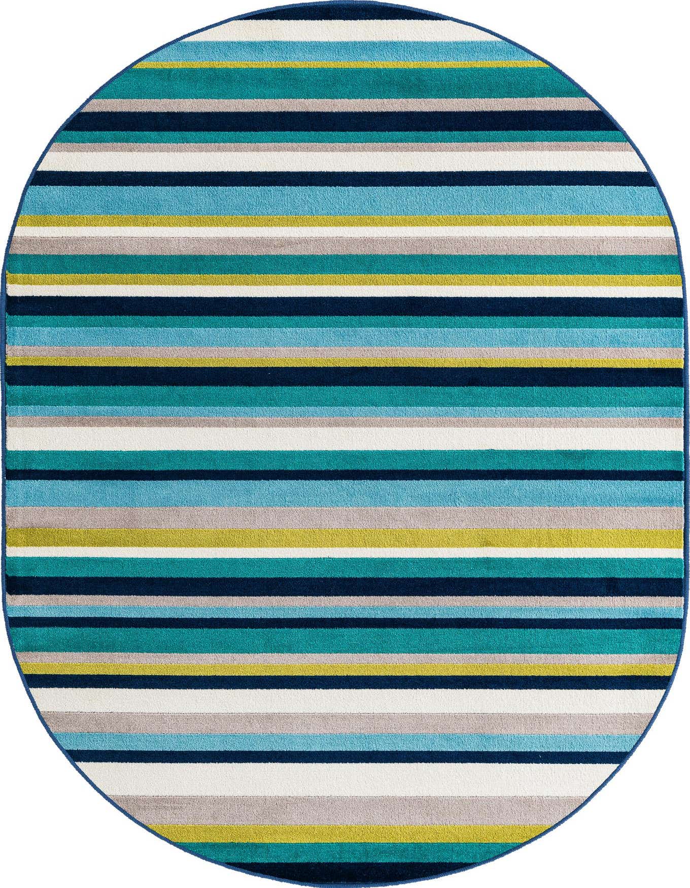 A 4'x6' oval Azalea rug with modern blue, green, white, gray, and yellow stripes, suitable for indoor spaces.