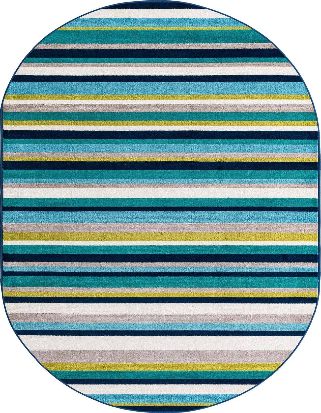 An oval rug featuring horizontal stripes in shades of blue, teal, green, grey, and white, suitable for a modern indoor space.