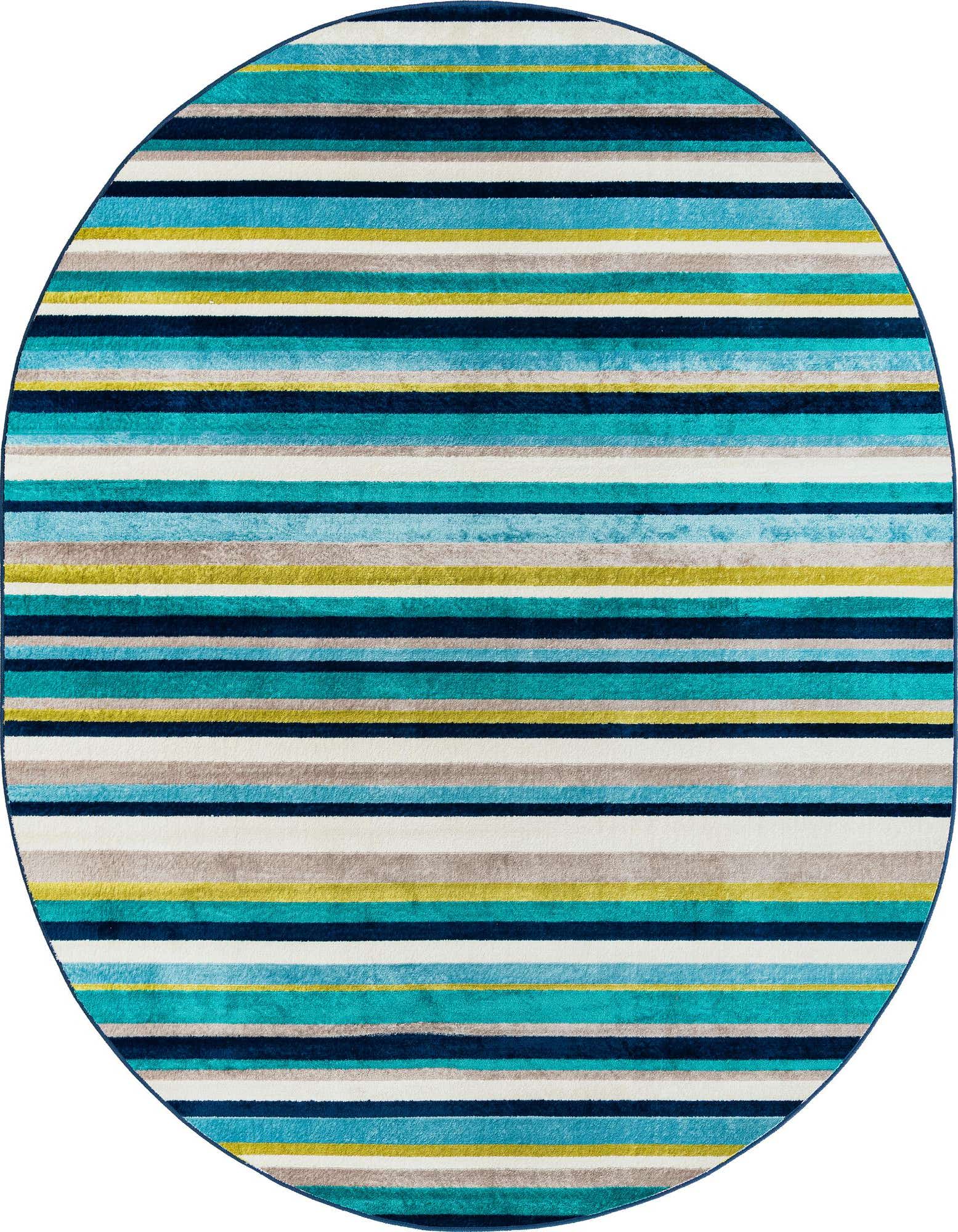 A vibrant oval rug with thin horizontal stripes in various shades of blue, teal, green, white, and gray.