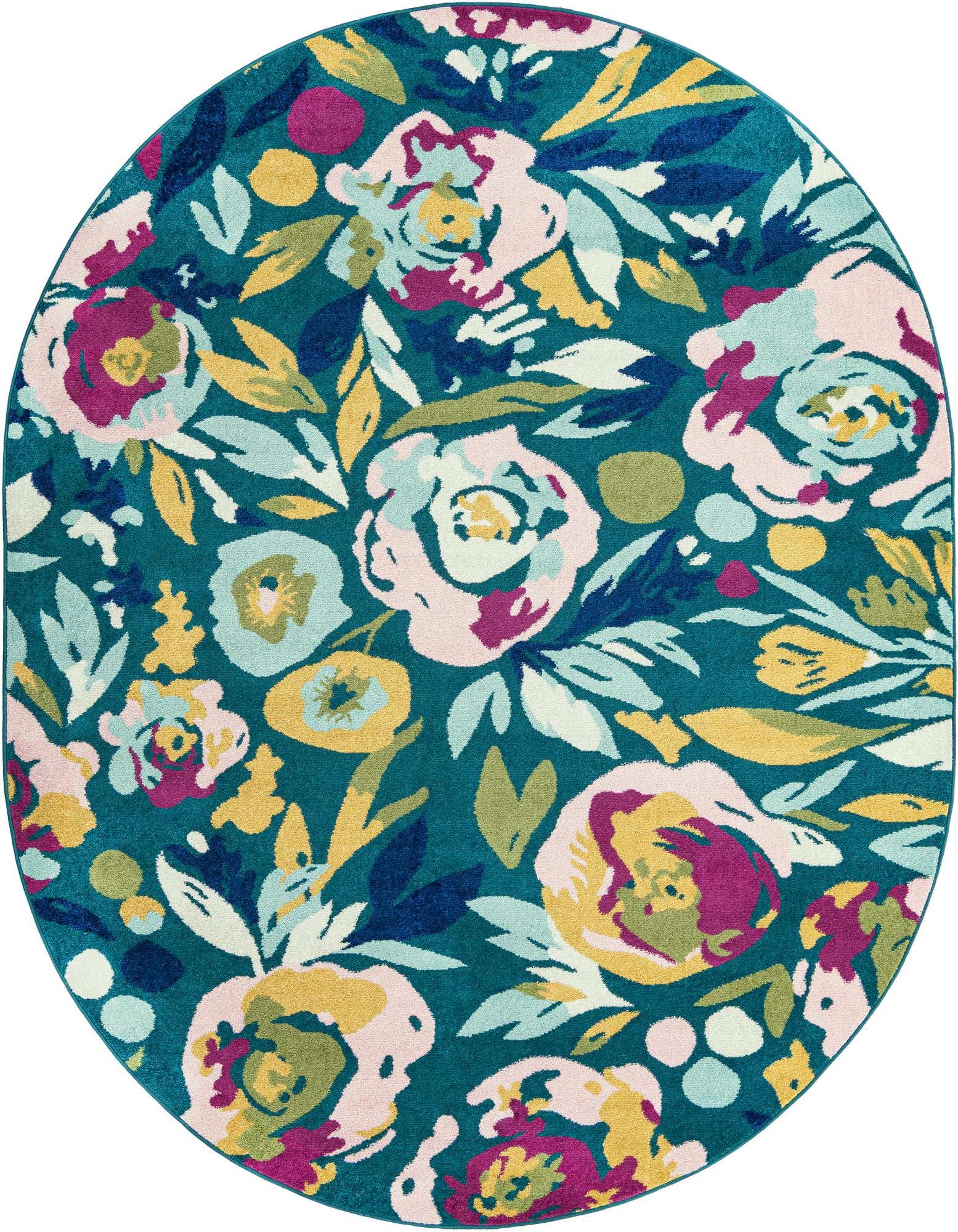 An oval Bloom collection rug, 7' 10 x 10' 0, featuring a modern floral pattern with teal, pink, yellow, and green blooms on a deep blue background.