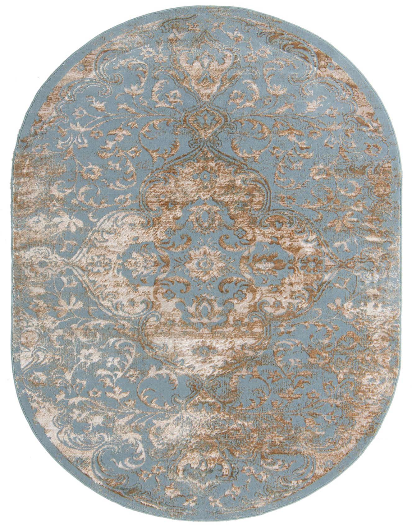 An oval 5'3" x 8'0" Highbury rug in shades of blue and green, featuring a distressed traditional medallion pattern.