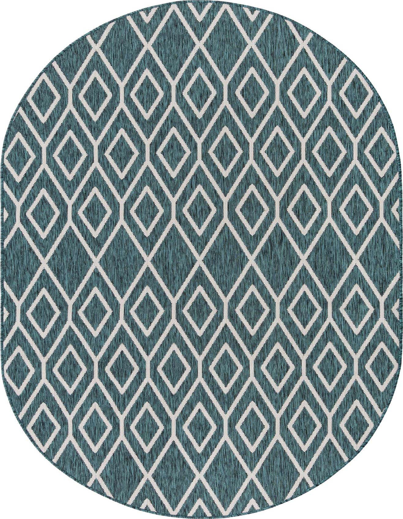An oval 5'3" x 8'0" Jill Zarin Outdoor rug featuring a modern trellis pattern in teal blue and off-white, suitable for a patio.