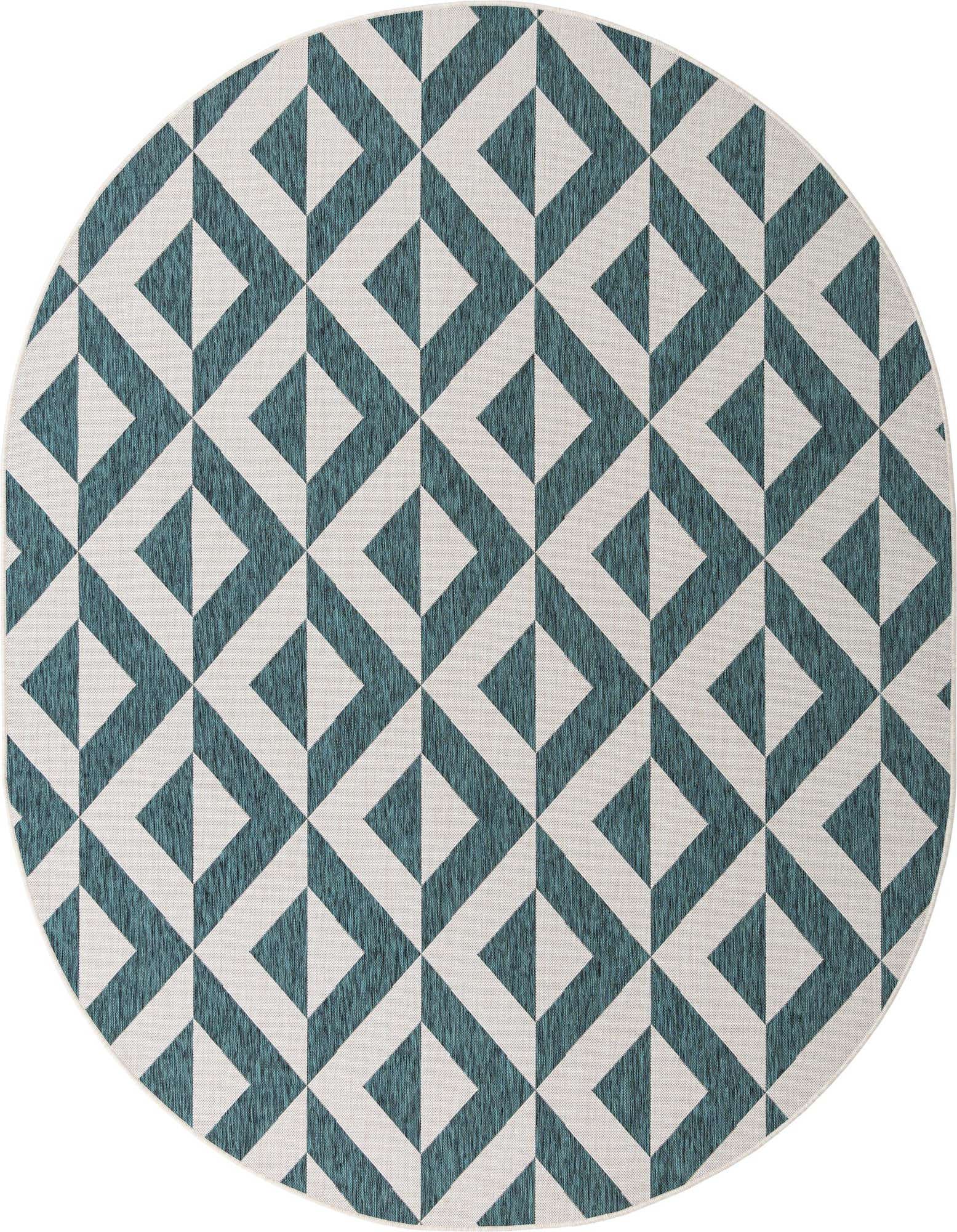 An oval 7' 10 x 10' 0 indoor/outdoor rug with a modern trellis pattern in shades of blue and off-white.