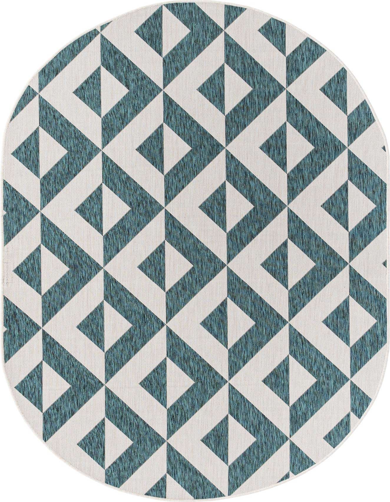 Oval indoor/outdoor rug with a modern geometric trellis pattern in shades of blue and green on an off-white background.