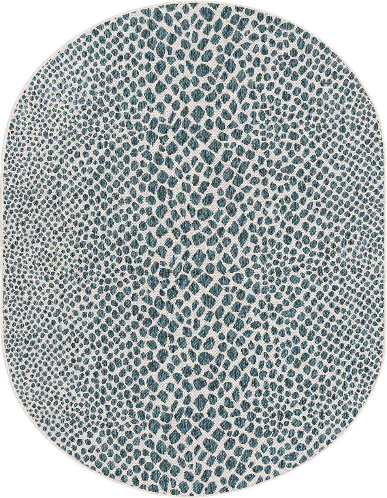 An oval 5'3" x 8'0" Jill Zarin Outdoor rug featuring a modern blue and green abstract zebra pattern on a light background.