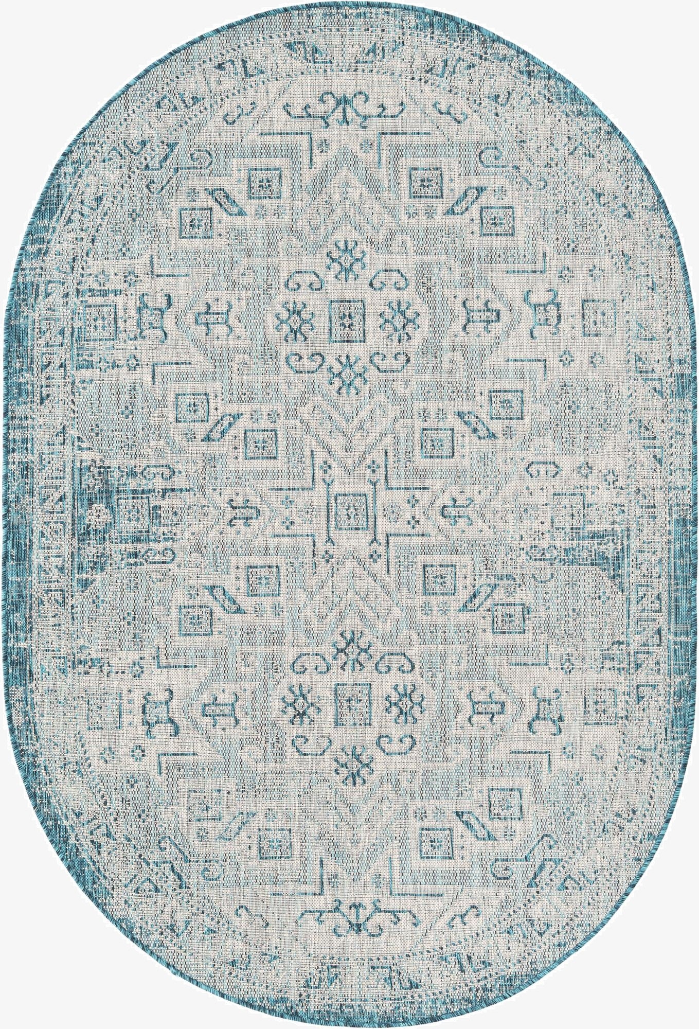  5' 3 x 8'  Washable Aztec Indoor / Outdoor Oval Rug