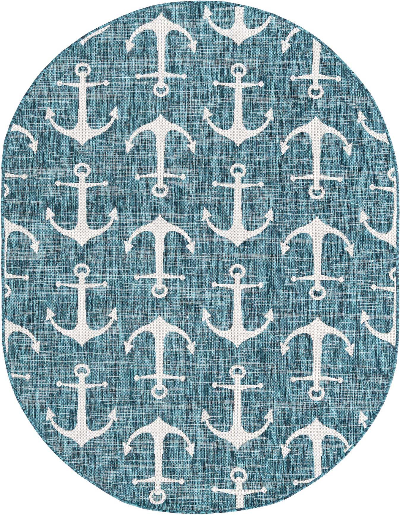 An oval 5'3" x 8'0" blue and green indoor/outdoor rug featuring a repeating pattern of white anchors, perfect for a patio.